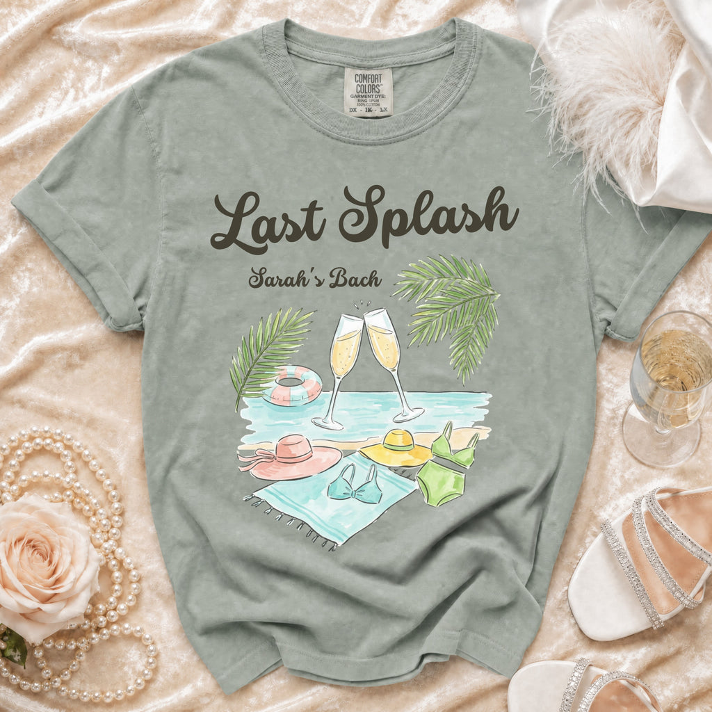T-shirt with "Last Splash Sarah's Bach" text and beach scene.