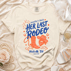 Cream t-shirt with "Jennifer's Bach HER LAST RODEO Nashville, TN Summer 2026" text.