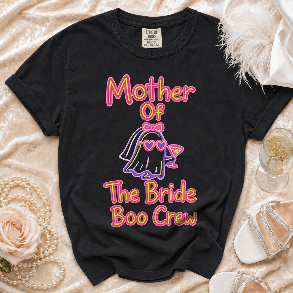 Black t-shirt with "Mother Of The Bride Boo Crew" text and a ghost graphic.