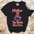 Black t-shirt with "Mother Of The Bride Boo Crew" text and a ghost graphic.