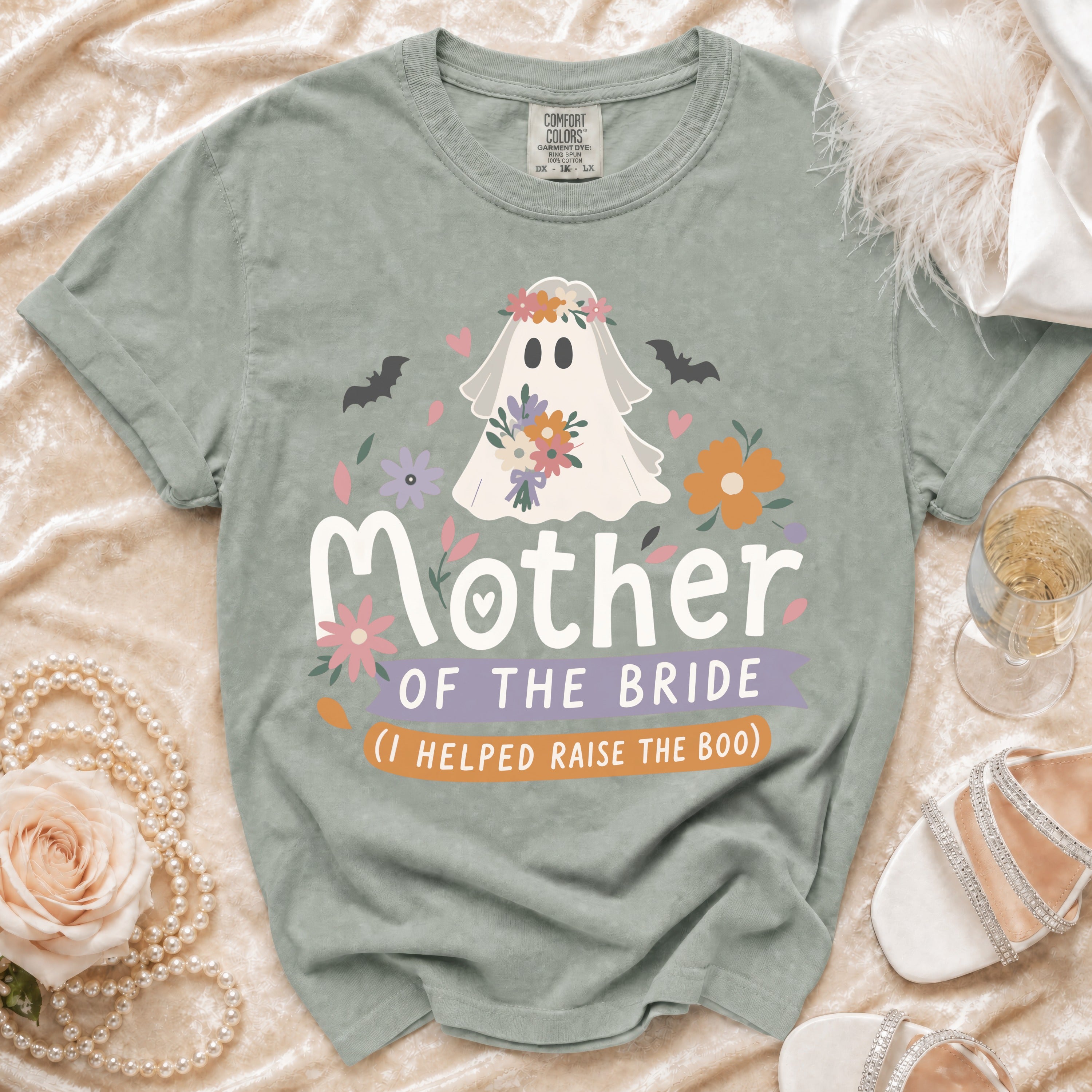 Ghost graphic t-shirt with "Mother of the Bride (I Helped Raise the Boo)" text.