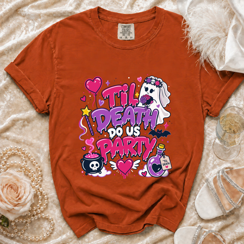 Orange Comfort Colors t-shirt with a bride ghost and "Til Death Do Us Party" text graphic.