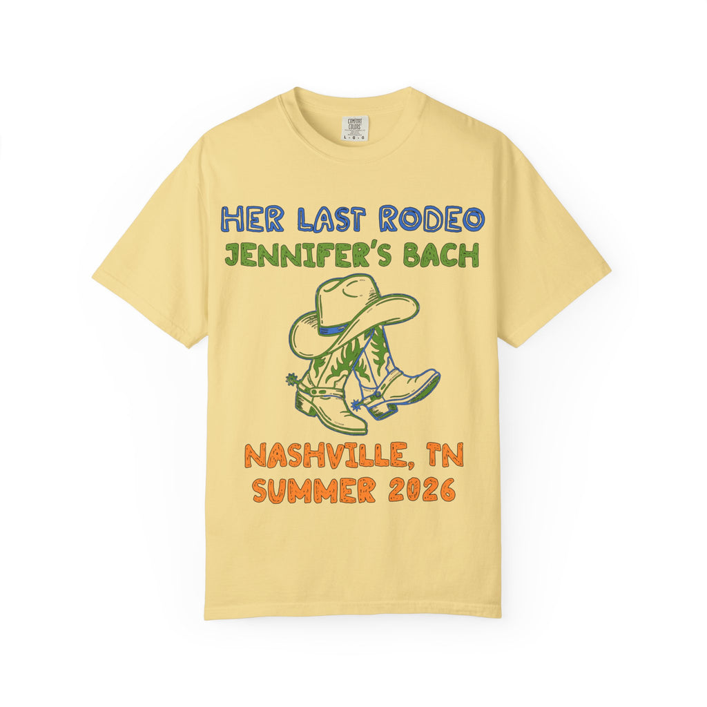 "Her Last Rodeo Jennifer's Bach Nashville Summer 2026" text with cowboy hat and boots.