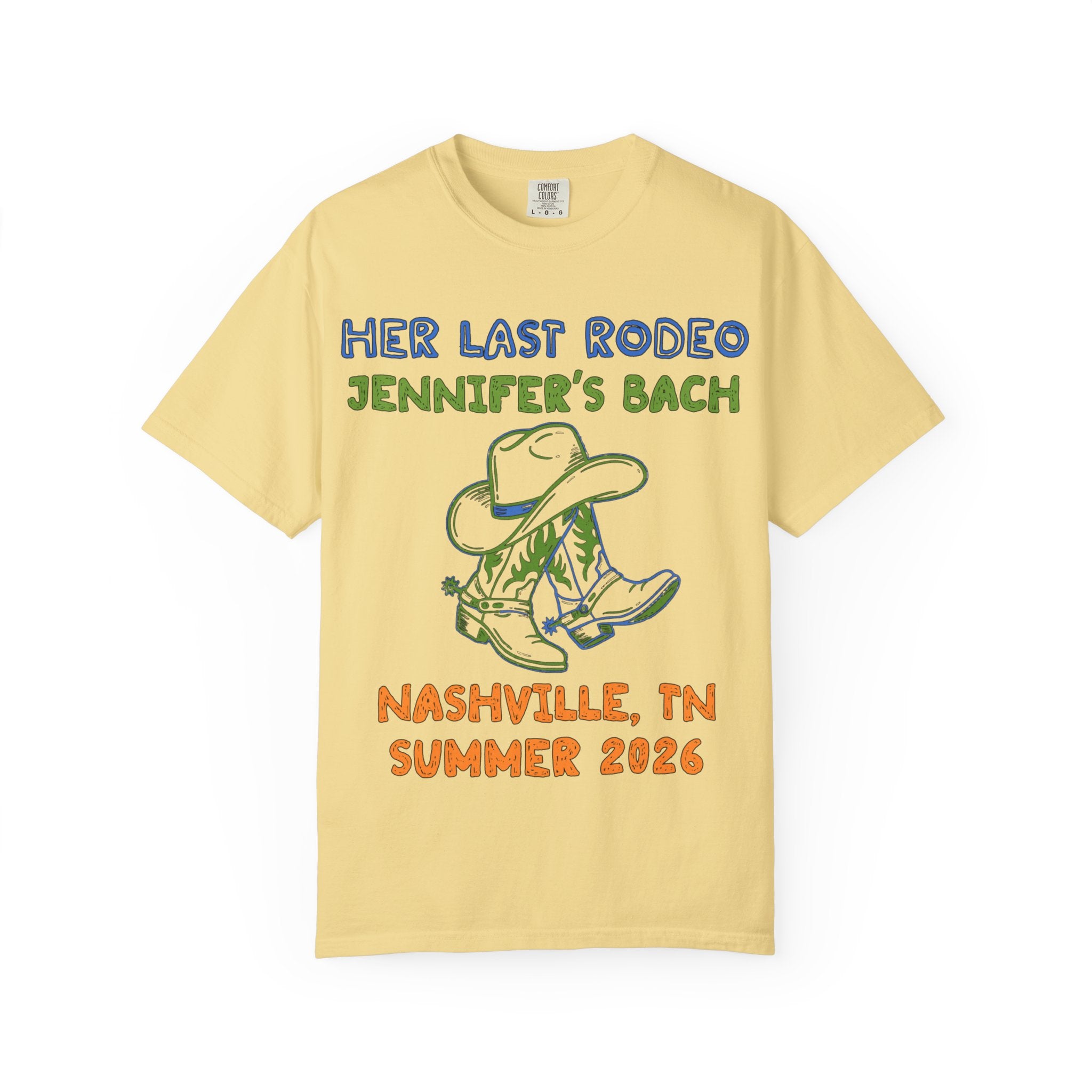 "Her Last Rodeo Jennifer's Bach Nashville Summer 2026" text with cowboy hat and boots.