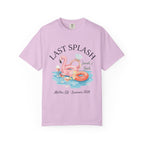Last Splash graphic on a pink t-shirt with "Sarah's Bach Malibu, CA Summer 2026".