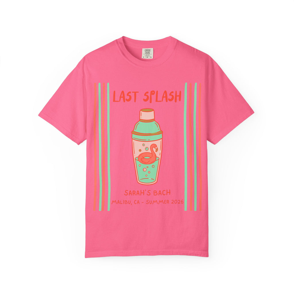 Pink t-shirt with "Last Splash" and cocktail shaker graphic.