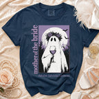 Navy t-shirt with a ghost bride graphic holding wine and text "mother of the bride".