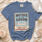 Blue t-shirt with "Mother of the Groom Wedding Weekend Social Club" graphic.