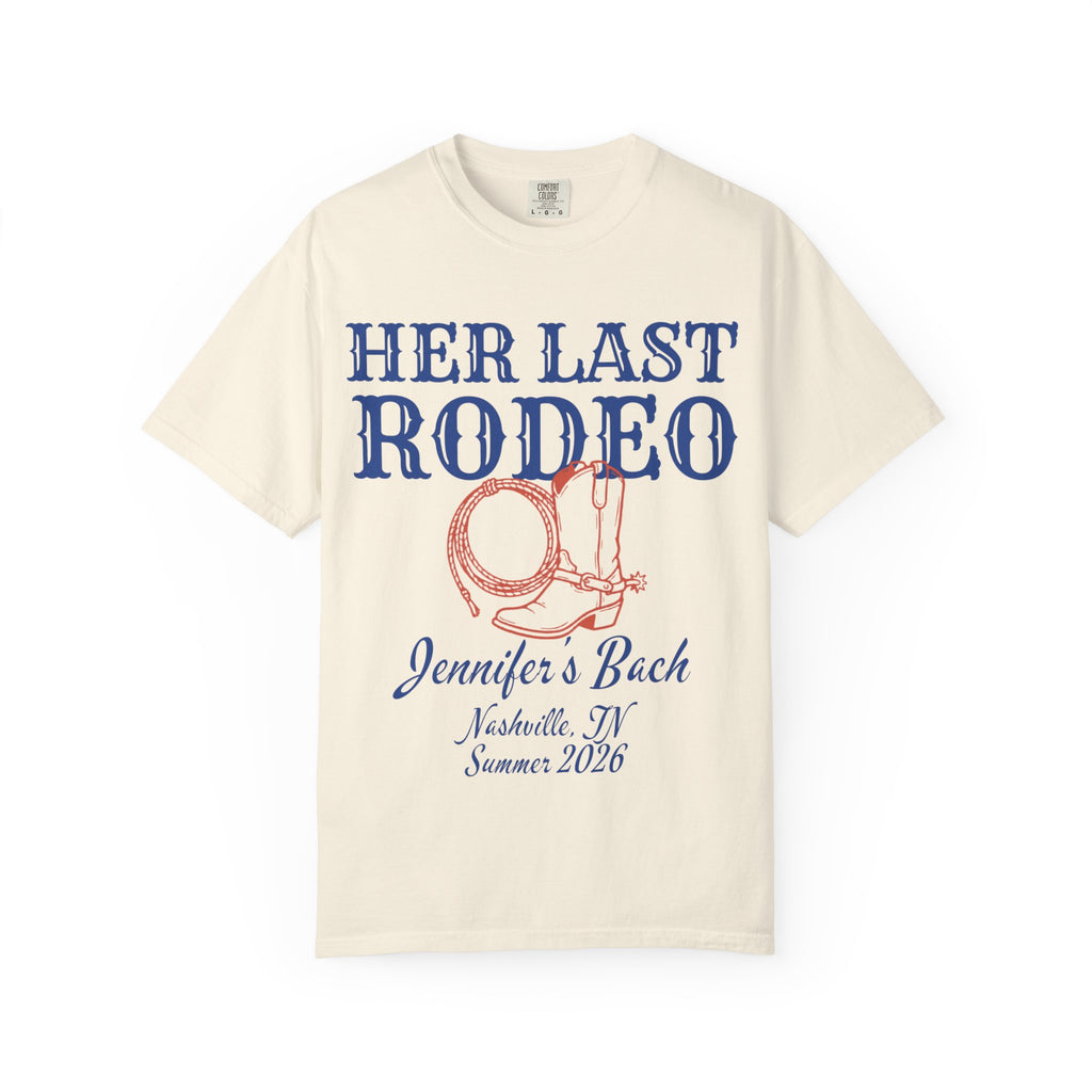 Cream t-shirt with "Her Last Rodeo" and cowboy boot graphic.