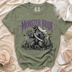 Green t-shirt with Godzilla wearing a veil and "Monster Bride" text.