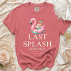 Pink flamingo float with "LAST SPLASH Sarah's Bach Malibu, CA Summer 2026" text.