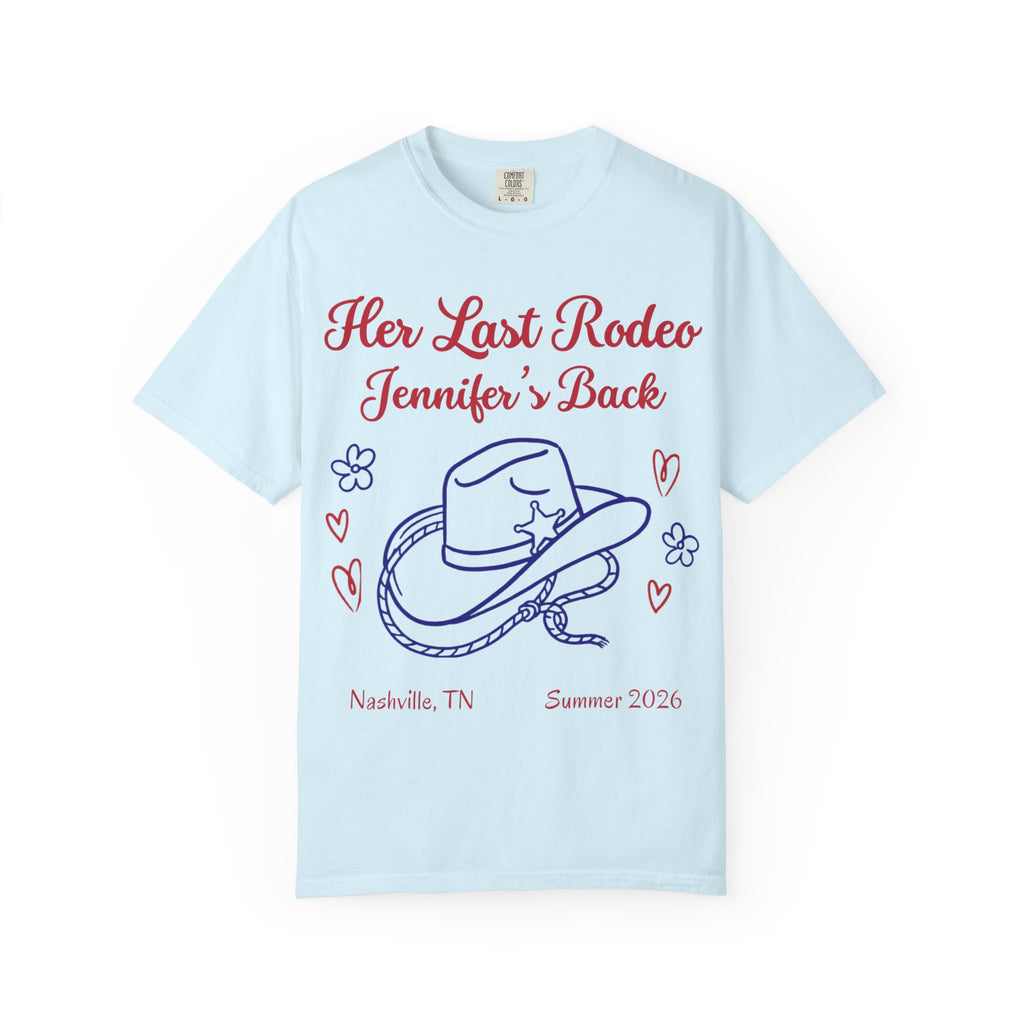 Light blue t-shirt with "Her Last Rodeo Jennifer's Back" text and cowboy hat.