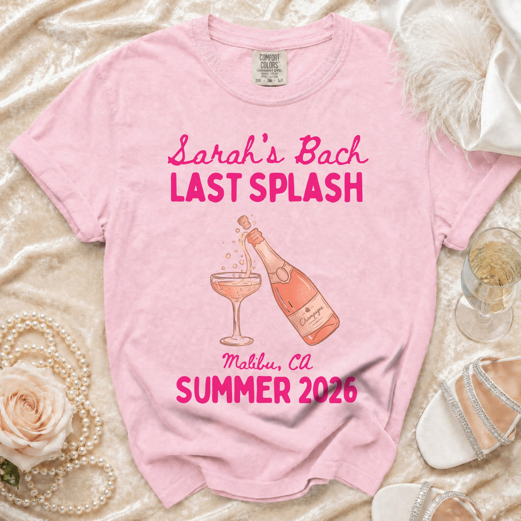 Pink t-shirt with "Sarah's Bach Last Splash" and champagne graphic.