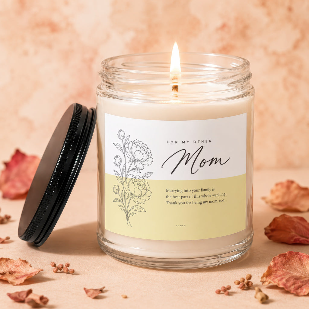 Candle with "For my other Mom" and wedding message.