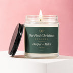 Engaged couple's Christmas candle: "Our First Christmas ENGAGED Harper + Miles 2026 VOWED"