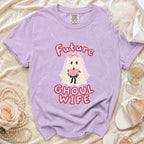 Future Ghoul Wife ghost graphic tee on a lavender Comfort Colors shirt.