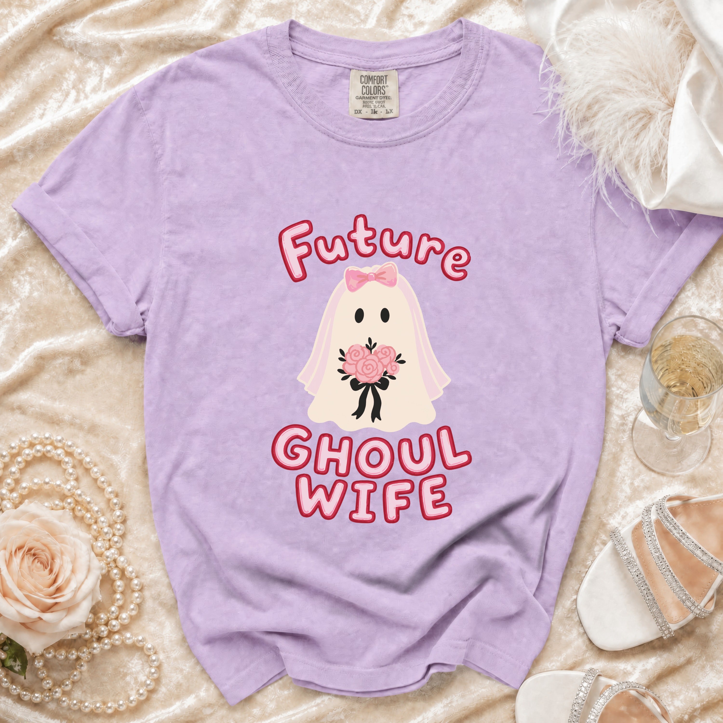Future Ghoul Wife ghost graphic tee on a lavender Comfort Colors shirt.