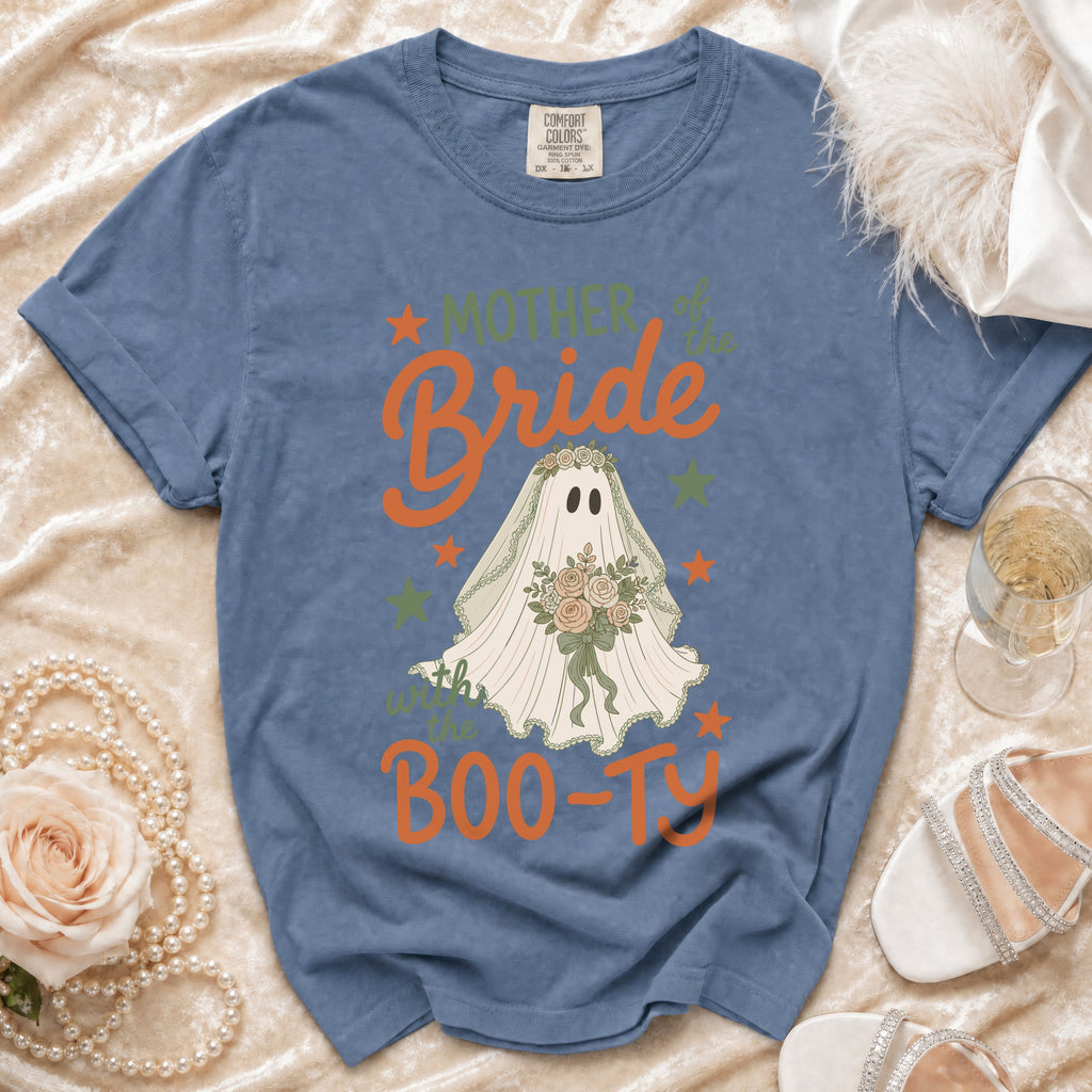 Blue t-shirt with "Mother of the Bride with the BOO-ty" text and ghost bride graphic.