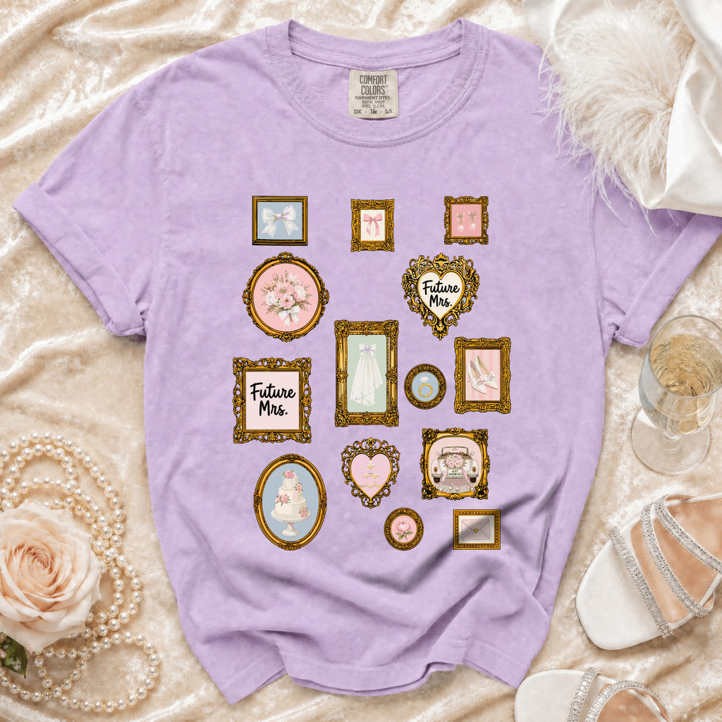 Lavender t-shirt with a collage of framed wedding-themed illustrations and text.