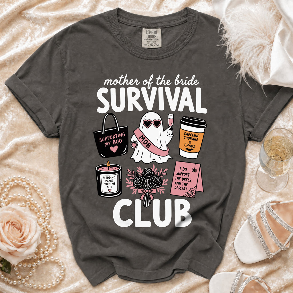 Mother of the Bride Survival Club graphic tee with ghost, bag, coffee, and candle icons.