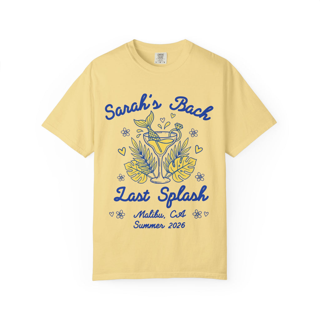 Yellow t-shirt with "Sarah's Bach Last Splash" in blue script.