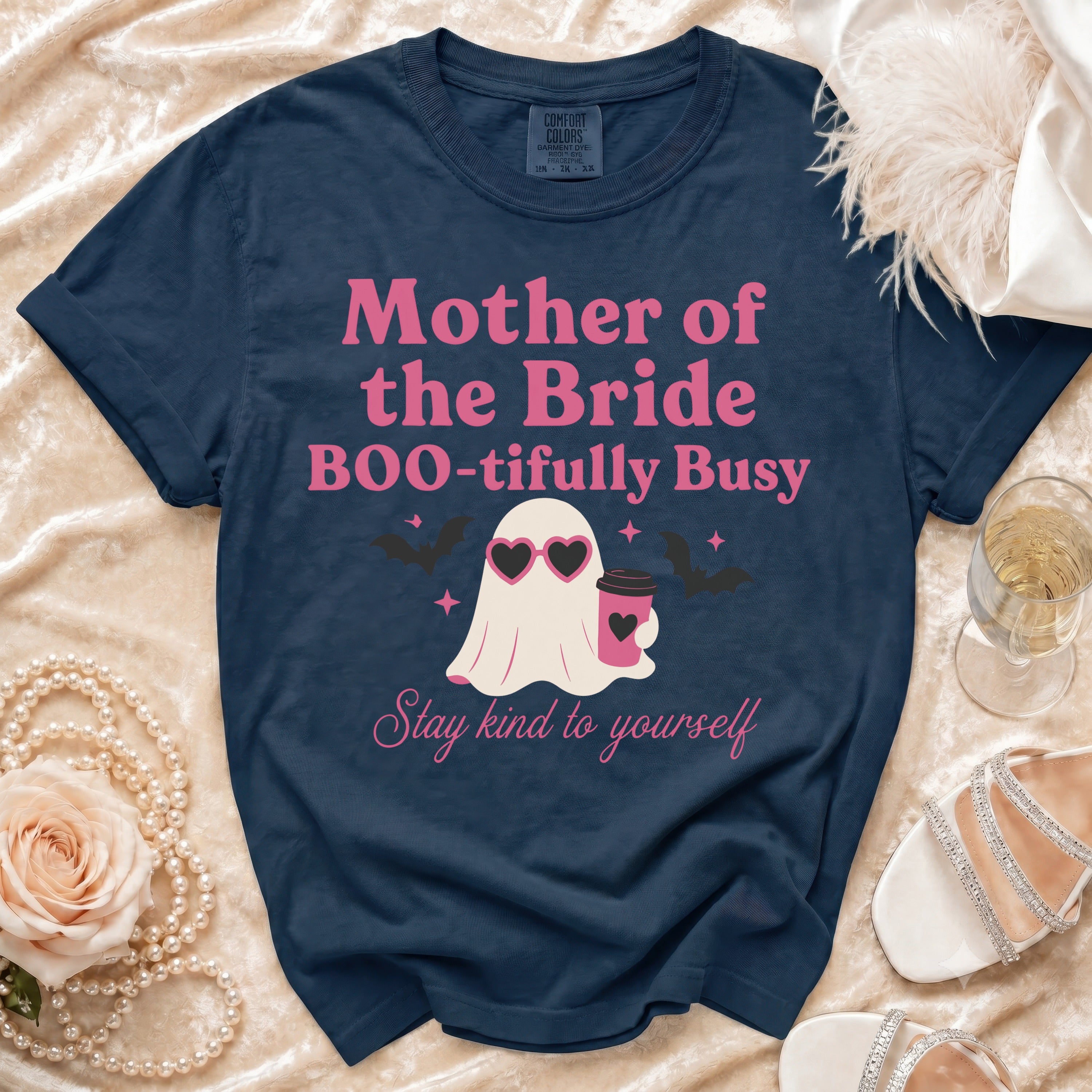 Dark blue t-shirt with "Mother of the Bride BOO-tifully Busy" and ghost graphic.