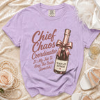 Lavender t-shirt with "Chief Chaos Coordinator" and "Maid of Honor" text.