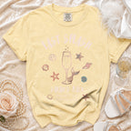 Yellow t-shirt with "Sarah's Bach Malibu, CA Summer 20" and beach graphics.