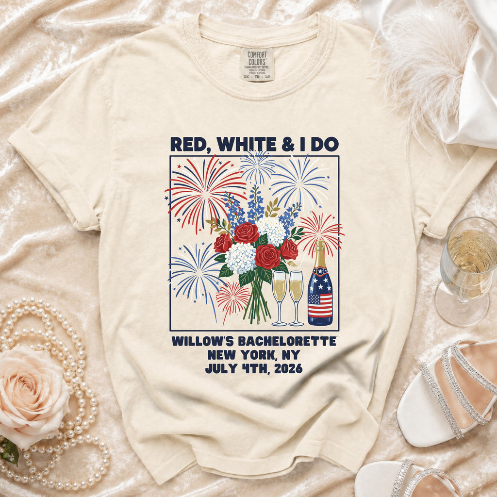 T-shirt with "Red, White & I Do Willow's Bachelorette" text and fireworks design.