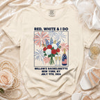 T-shirt with "Red, White & I Do Willow's Bachelorette" text and fireworks design.