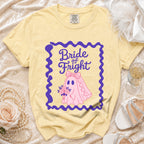 Yellow Comfort Colors t-shirt with "Bride of Fright" text and a pink ghost bride illustration.