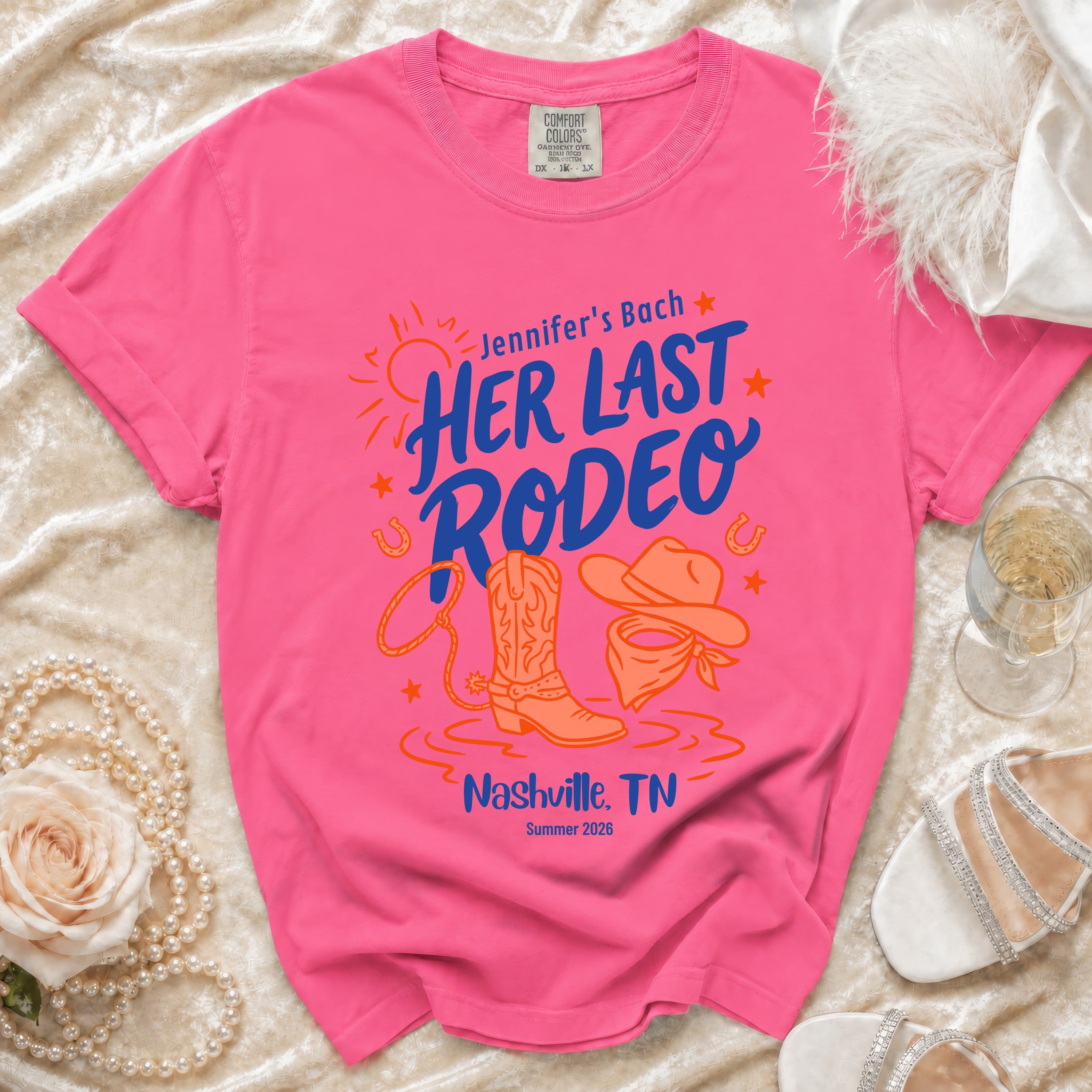 Pink t-shirt for Jennifer's Bach: Her Last Rodeo, Nashville, TN Summer 2026.