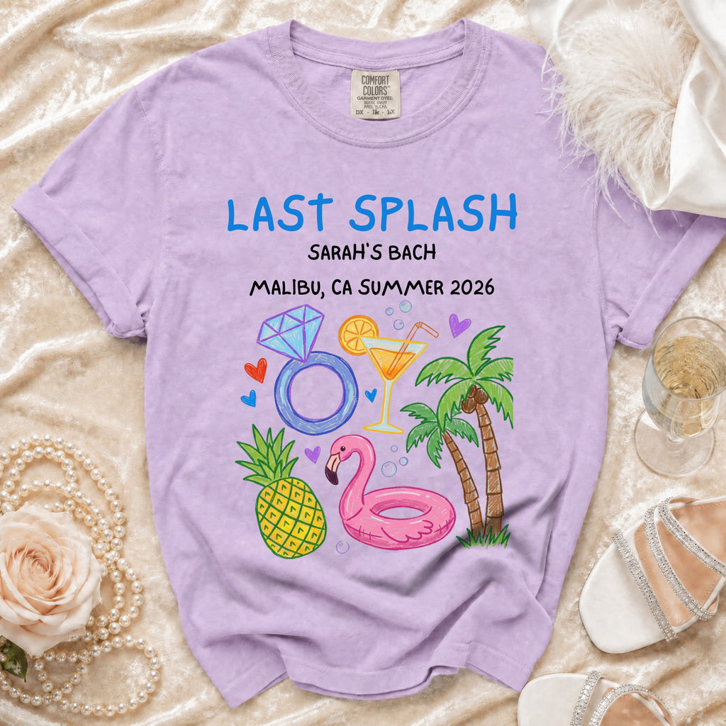 Lilac Comfort Colors t-shirt for Sarah's Bach party in Malibu, Summer 2026.