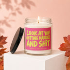 Glass candle with pink label, text "LOOK AT YOU GETTING MARRIED AND SHIT"