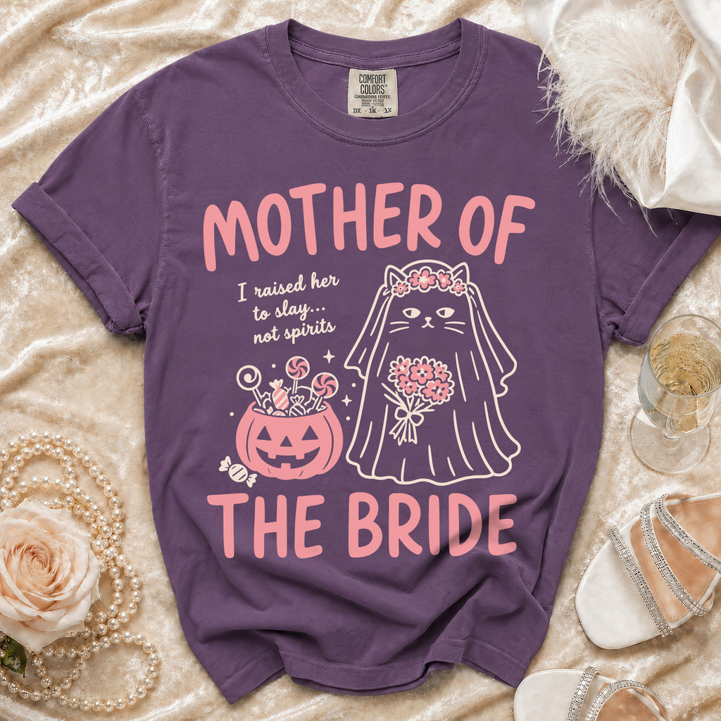 Purple t-shirt with "Mother of the Bride" text and cat bride graphic.