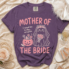 Purple t-shirt with "Mother of the Bride" text and cat bride graphic.