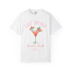 White t-shirt with "Last Splash Sarah's Bach Malibu, CA Summer 2026" and cocktail graphic.