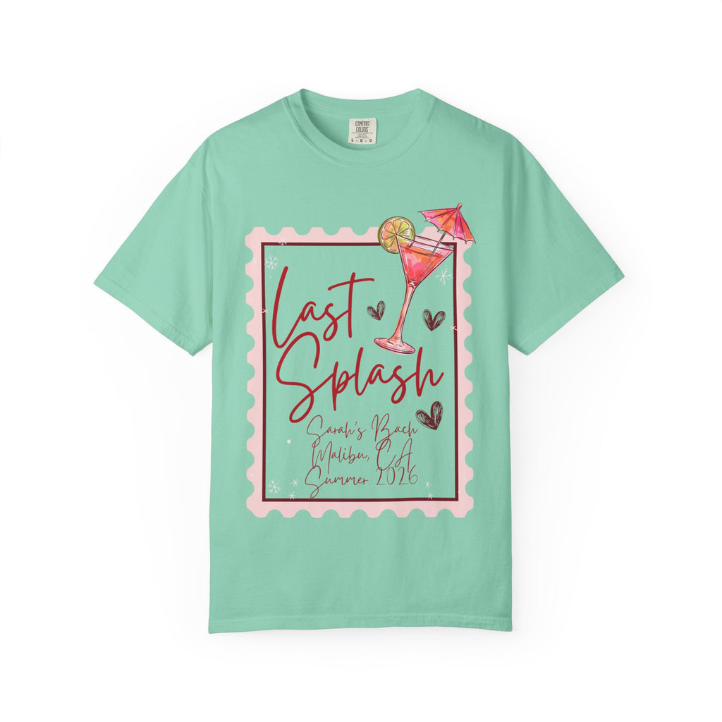 Teal t-shirt with "Last Splash Sarah's Bach Malibu, CA Summer 2026" and cocktail graphic.
