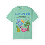 Mint t-shirt with "Last Splash" text, palm trees, pineapple, ring, and flamingo.