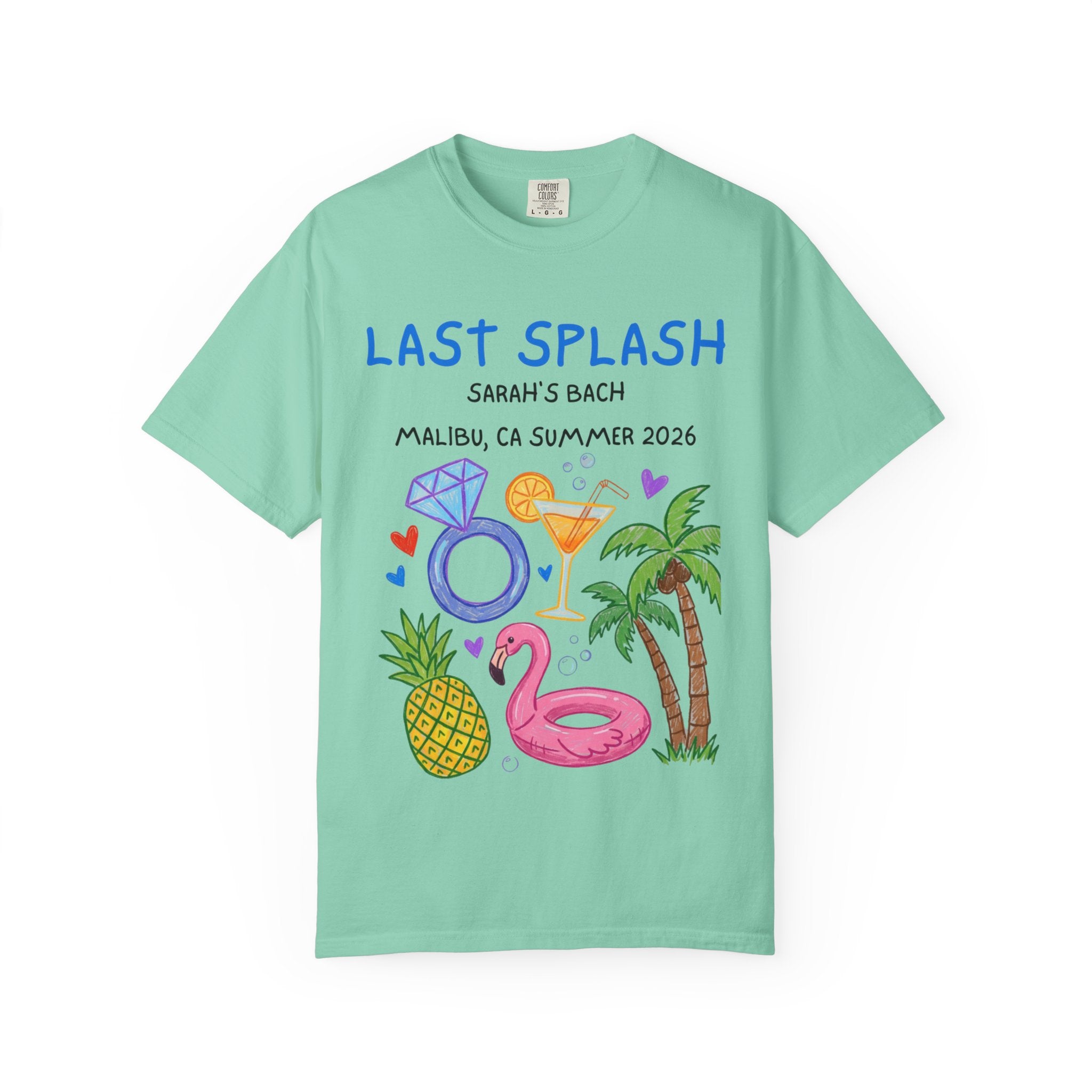 Mint t-shirt with "Last Splash" text, palm trees, pineapple, ring, and flamingo.