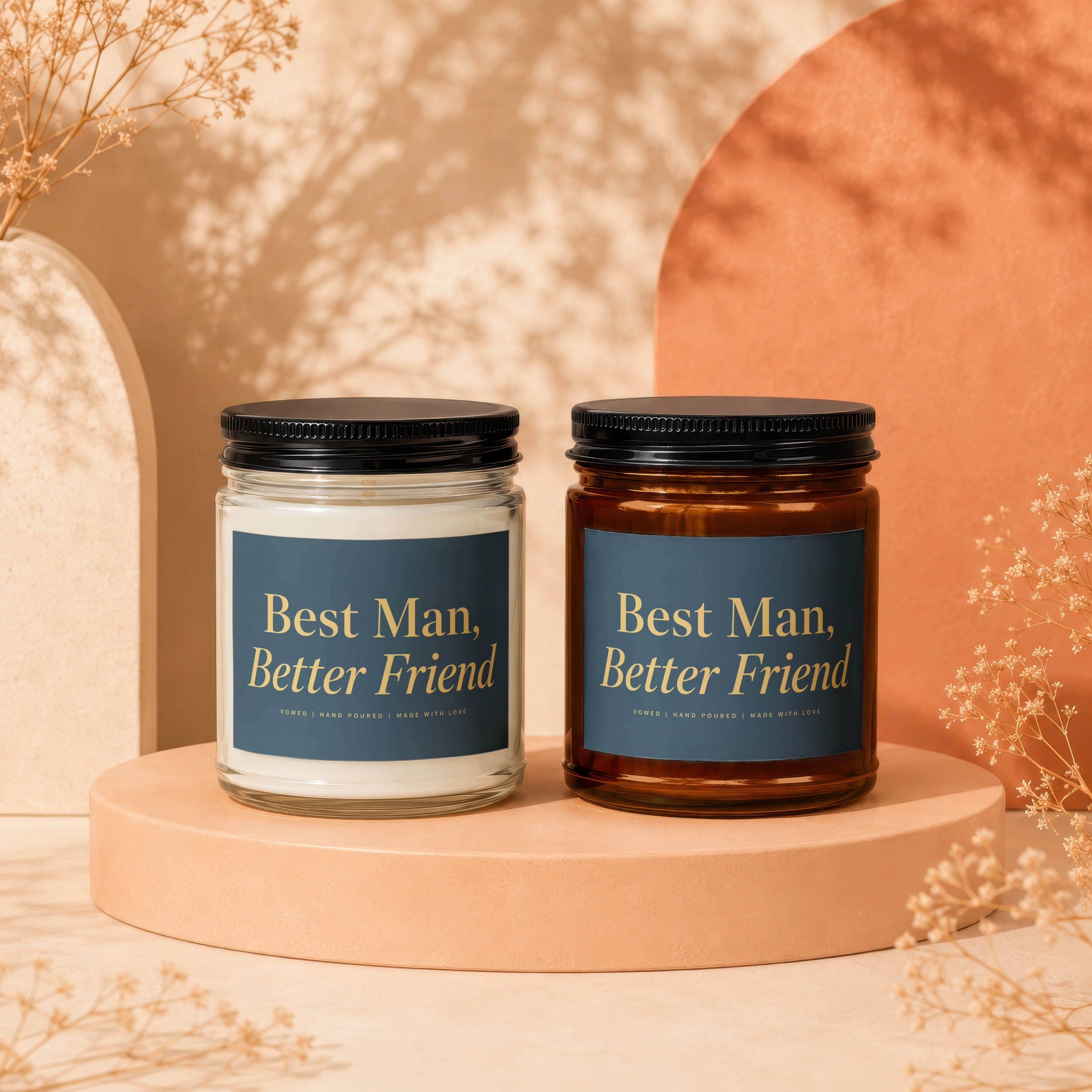 Two candles labeled "Best Man, Better Friend" in a rustic setting.