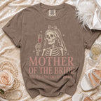 T-shirt with skeleton bride graphic, "Mother of the Bride, Til Death Do Us Party" text.