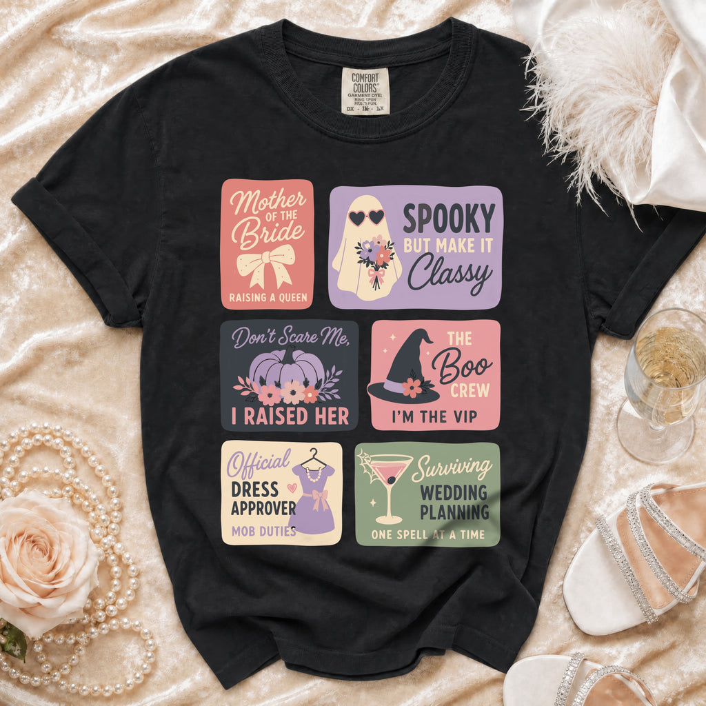 Black t-shirt with six novelty patches for wedding events and phrases.
