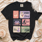 Black t-shirt with six novelty patches for wedding events and phrases.