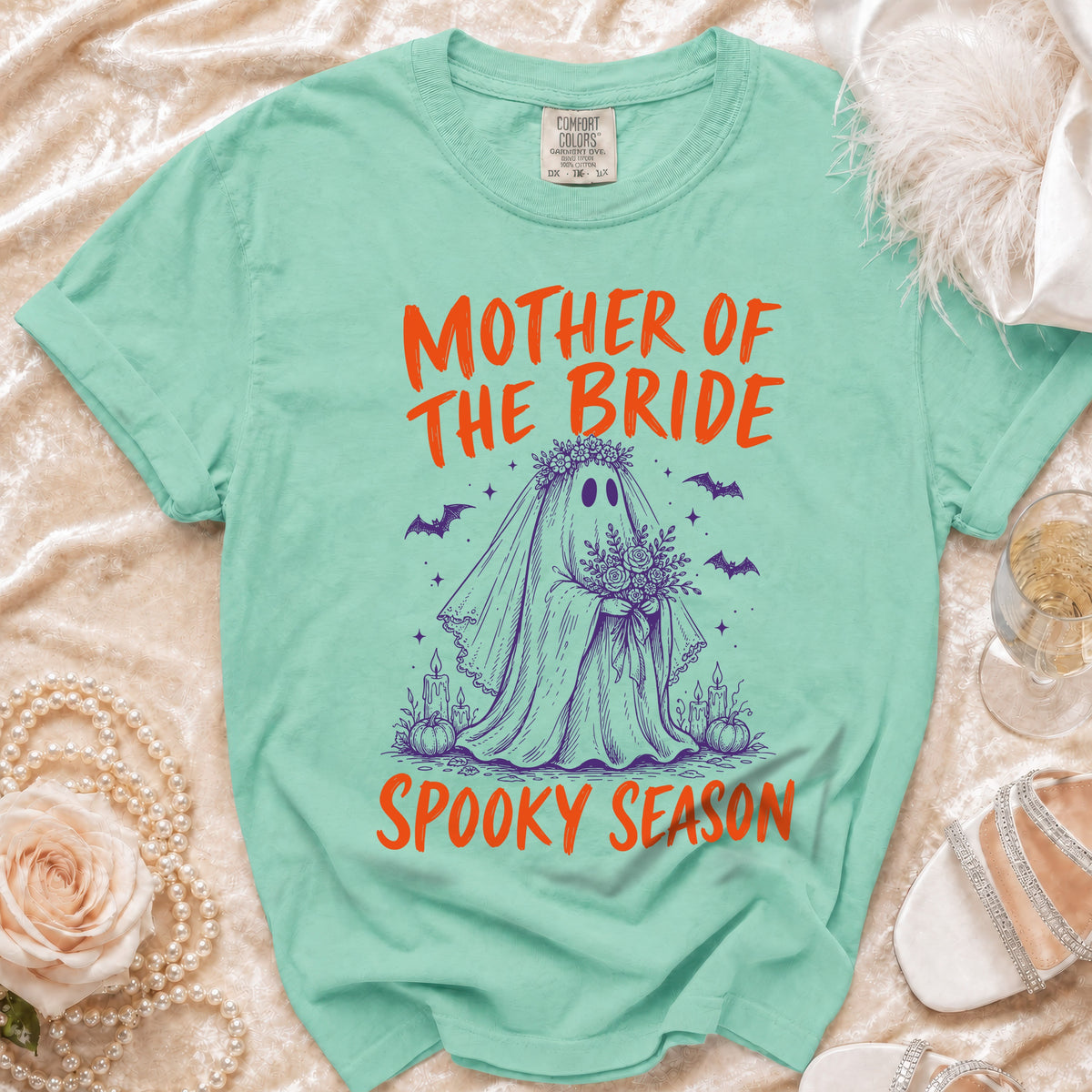 Mint t-shirt with "Mother of the Bride Spooky Season" text and a ghost bride graphic.