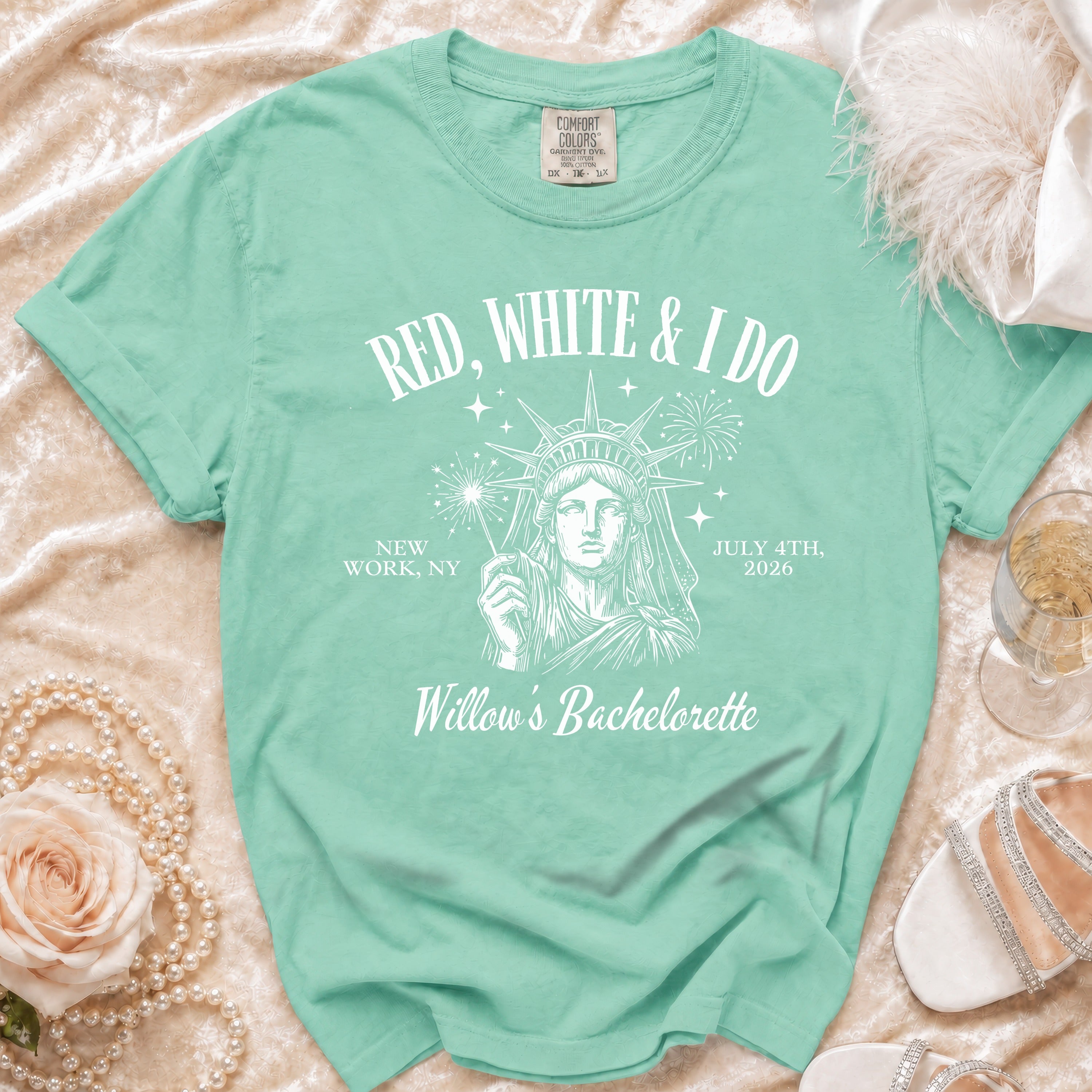 "Red, White & I Do" bachelorette t-shirt with Statue of Liberty graphic.