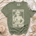 T-shirt with "Don't Mess With The Mob, Mother of the Bride" text and illustration of a woman with a martini.