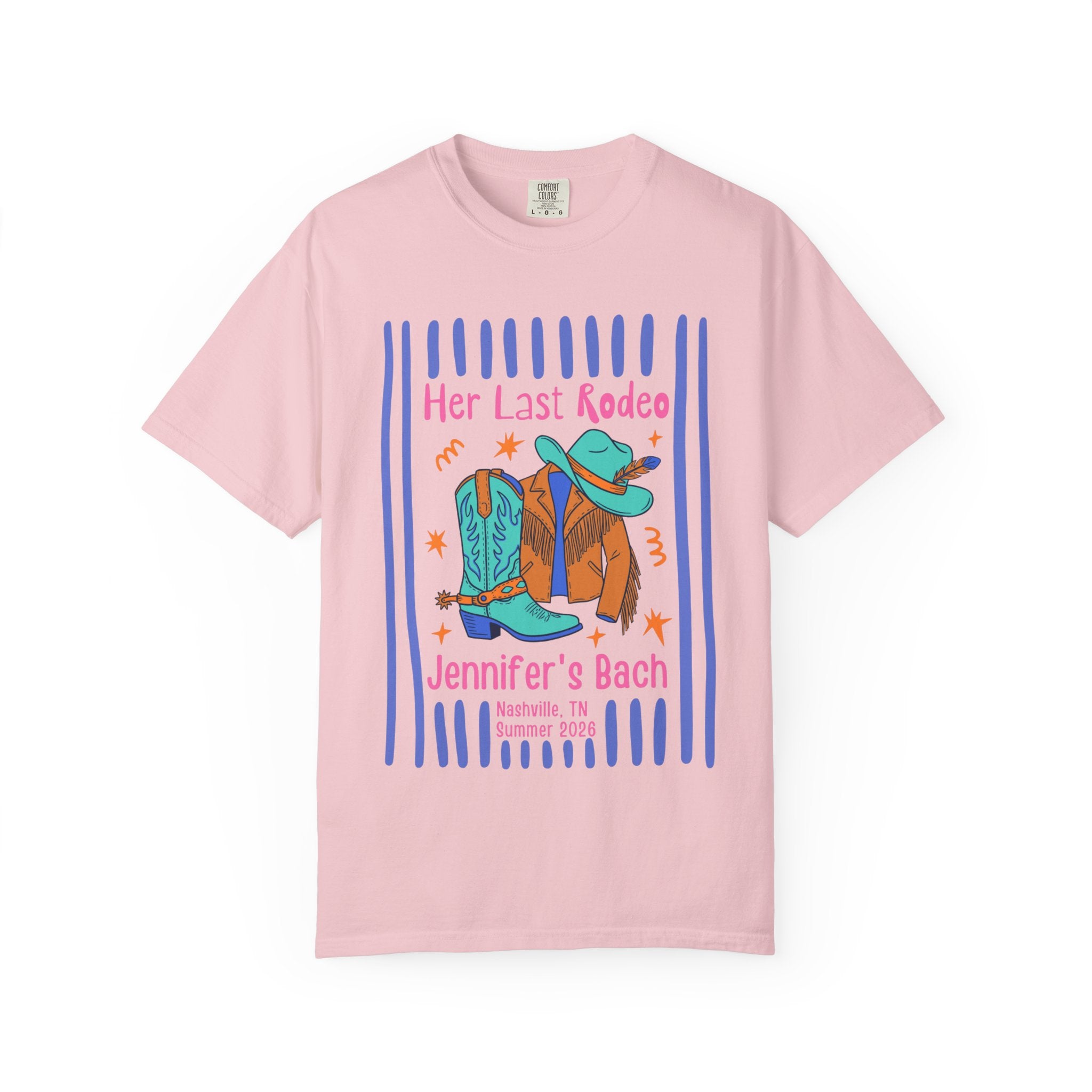 Pink graphic tee with cowboy hat, boots, and "Her Last Rodeo Jennifer's Bach" text.