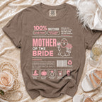 Brown t-shirt with "Mother of the Bride" text and humorous ingredients list.