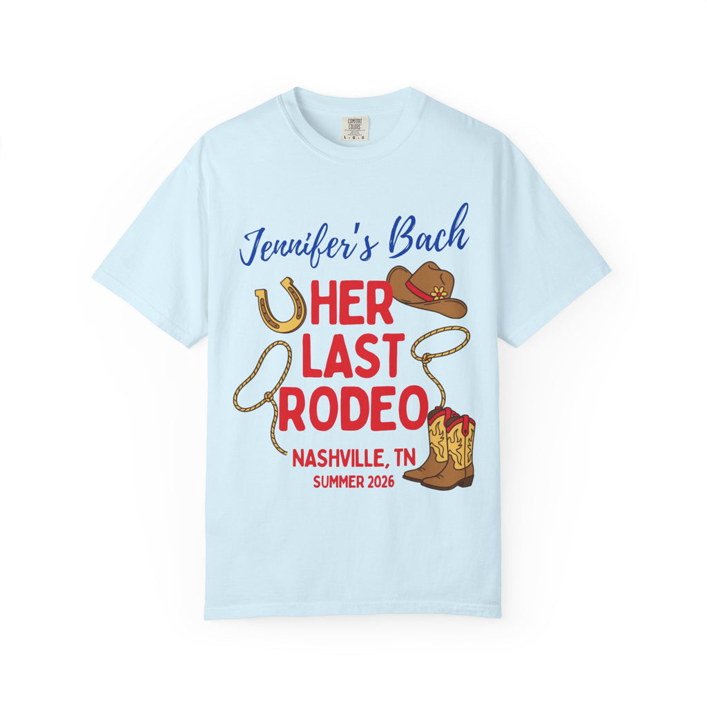 Light blue t-shirt with "Jennifer's Bach LAST RODEO" and cowboy graphics.
